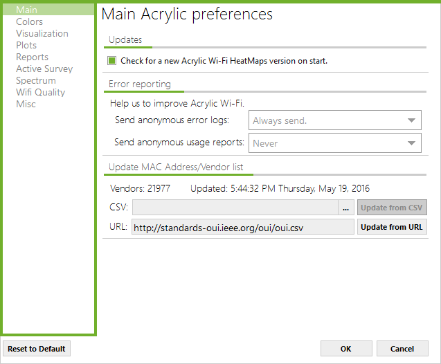 Acrylic WiFi Heatmaps configuration window