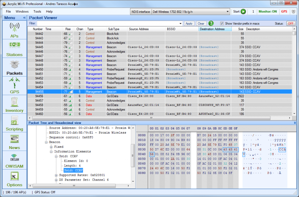 WiFi packet capture with Acrylic WiFi professional