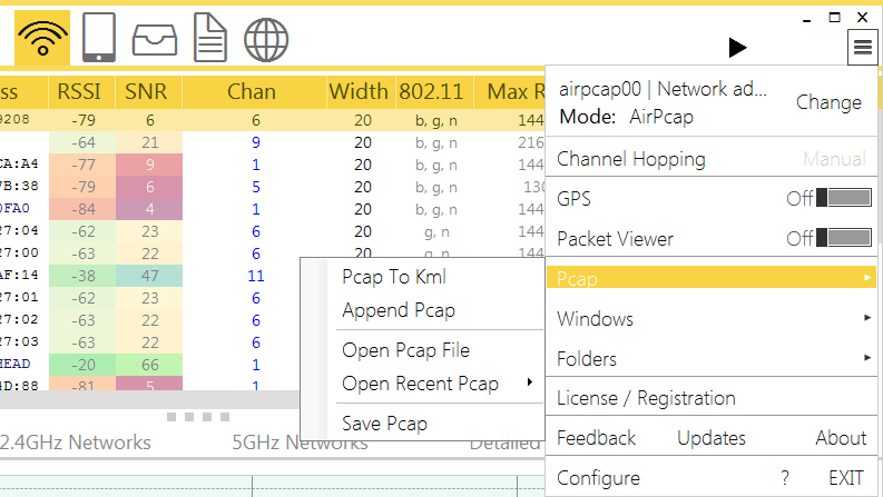 mở cửa sổ pcap wifi