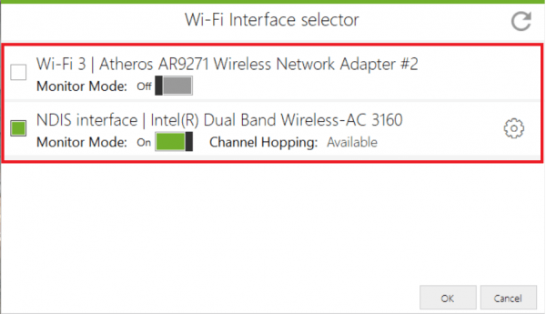 Selección de la interfaz para la monitorización WiFi